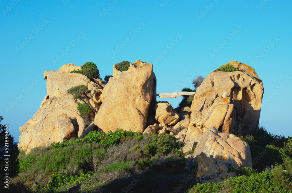 Characteristic rock formations at Capo Comino, Sardinia, Italy
