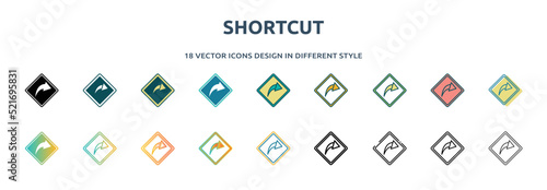 shortcut icon in 18 different styles such as thin line, thick line, two color, glyph, colorful, lineal color, detailed, stroke and gradient. set of shortcut vector for web, mobile, ui