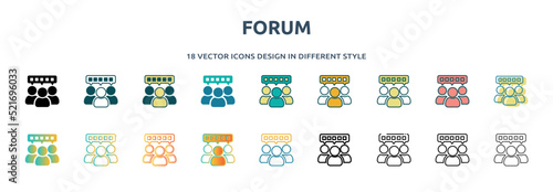 forum icon in 18 different styles such as thin line, thick line, two color, glyph, colorful, lineal color, detailed, stroke and gradient. set of forum vector for web, mobile, ui