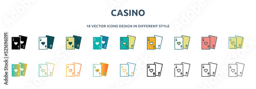 casino icon in 18 different styles such as thin line, thick line, two color, glyph, colorful, lineal color, detailed, stroke and gradient. set of casino vector for web, mobile, ui