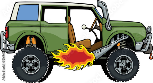cartoon 4x4 suv with doors off and towing rig