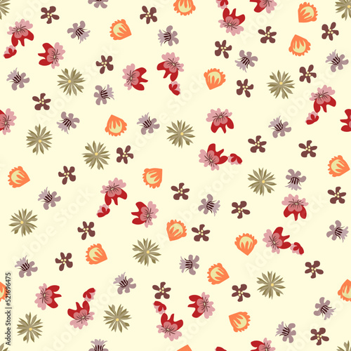 Trendy seamless floral pattern in vector with bright alpine flowers on white background in a minimalist style. Simple ditsy texture. Modern repeat design for wallpaper, fabric, textile, tiles