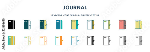 journal icon in 18 different styles such as thin line, thick line, two color, glyph, colorful, lineal color, detailed, stroke and gradient. set of journal vector for web, mobile, ui