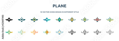 plane icon in 18 different styles such as thin line, thick line, two color, glyph, colorful, lineal color, detailed, stroke and gradient. set of plane vector for web, mobile, ui