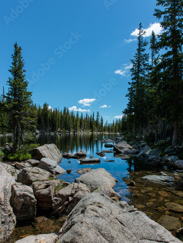 An Alpine Lake surrounded by pine trees in the Rocky Mountains of Colorado