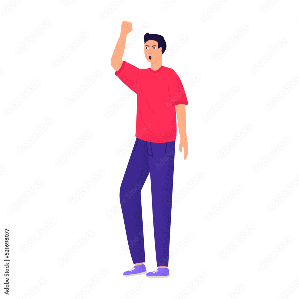 Vector illustration with protesting man. Protest. Color flat vector illustration isolated on white background.