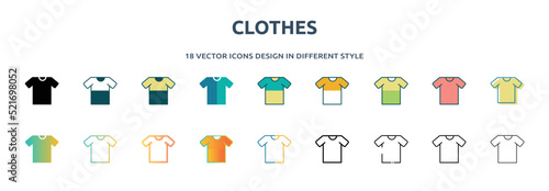 clothes icon in 18 different styles such as thin line, thick line, two color, glyph, colorful, lineal color, detailed, stroke and gradient. set of clothes vector for web, mobile, ui
