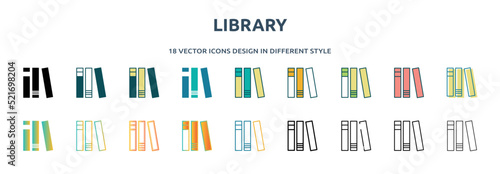 library icon in 18 different styles such as thin line, thick line, two color, glyph, colorful, lineal color, detailed, stroke and gradient. set of library vector for web, mobile, ui