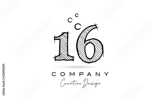 hand drawing number 16 logo icon design for company template. Creative logotype in pencil style