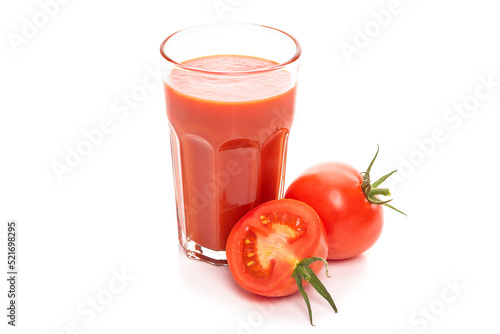 Glass with tomato juice and ripe tomatoes. Isolate on white background