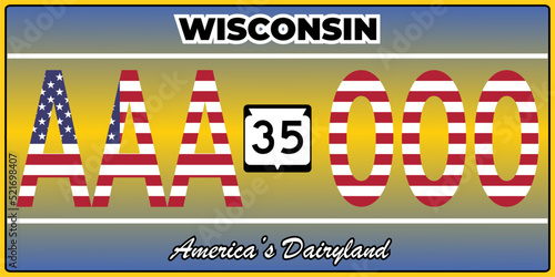 Vehicle license plates marking in Wisconsin in United States of America, Car plates.Vehicle license numbers of different American states.Vintage print for tee shirt graphics,sticker and poster