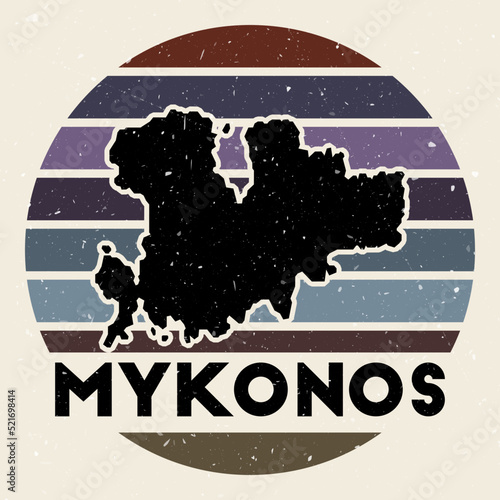 Mykonos logo. Sign with the map of island and colored stripes, vector illustration. Can be used as insignia, logotype, label, sticker or badge of the Mykonos.