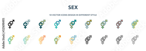 sex icon in 18 different styles such as thin line, thick line, two color, glyph, colorful, lineal color, detailed, stroke and gradient. set of sex vector for web, mobile, ui