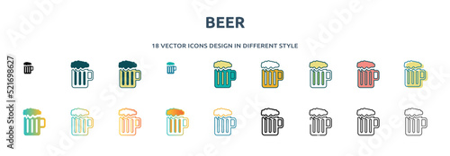 beer icon in 18 different styles such as thin line, thick line, two color, glyph, colorful, lineal color, detailed, stroke and gradient. set of beer vector for web, mobile, ui