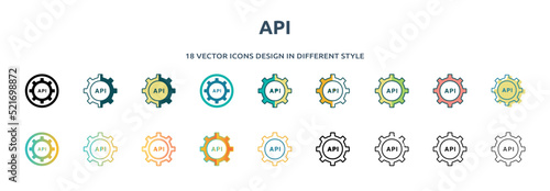 api icon in 18 different styles such as thin line, thick line, two color, glyph, colorful, lineal color, detailed, stroke and gradient. set of api vector for web, mobile, ui