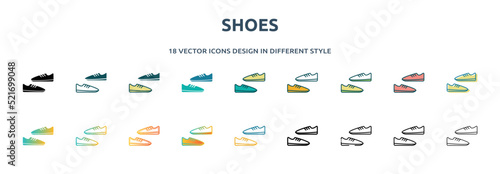 shoes icon in 18 different styles such as thin line, thick line, two color, glyph, colorful, lineal color, detailed, stroke and gradient. set of shoes vector for web, mobile, ui