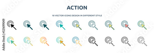 action icon in 18 different styles such as thin line, thick line, two color, glyph, colorful, lineal color, detailed, stroke and gradient. set of action vector for web, mobile, ui