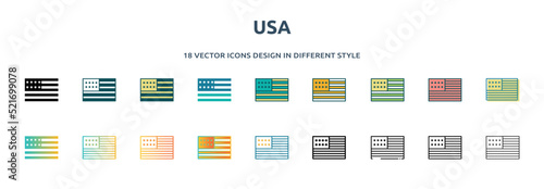 usa icon in 18 different styles such as thin line, thick line, two color, glyph, colorful, lineal color, detailed, stroke and gradient. set of usa vector for web, mobile, ui