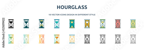 hourglass icon in 18 different styles such as thin line, thick line, two color, glyph, colorful, lineal color, detailed, stroke and gradient. set of hourglass vector for web, mobile, ui