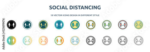 social distancing icon in 18 different styles such as thin line, thick line, two color, glyph, colorful, lineal color, detailed, stroke and gradient. set of social distancing vector for web, mobile,
