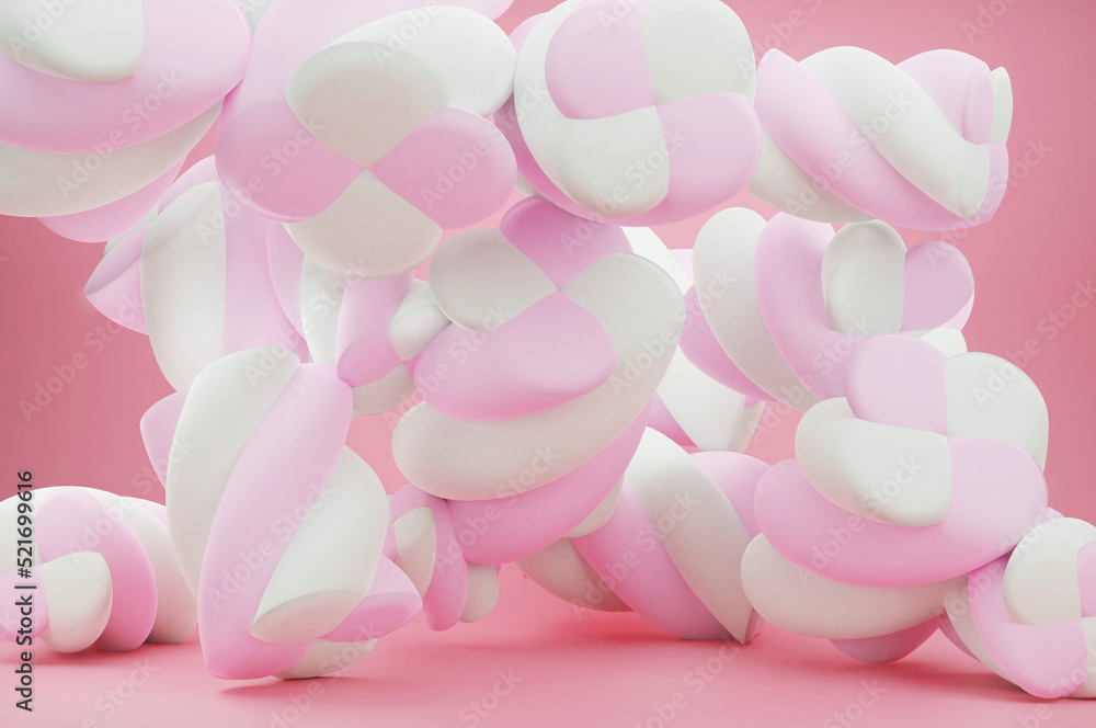 Close-up of big pastel pink marshmallow twists falling on a pink background.Sweet pretty 3D illustration. Close-up of big pastel pink marshmallow twists falling on a pink background.Sweet pretty 3D illustration.