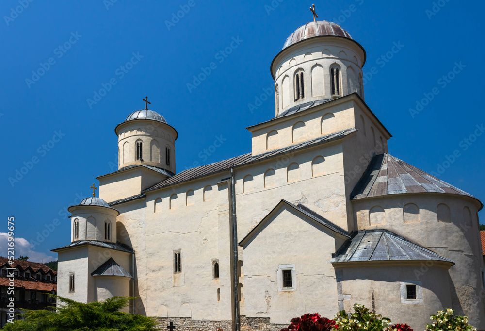 Fototapeta premium Prijepolje, Serbia - July 25th 2022: Church of the Ascension of the Lord in the Mileseva Monastery, side view