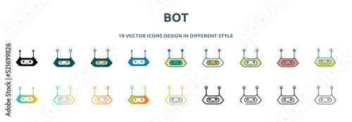 bot icon in 18 different styles such as thin line, thick line, two color, glyph, colorful, lineal color, detailed, stroke and gradient. set of bot vector for web, mobile, ui
