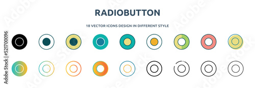 radiobutton icon in 18 different styles such as thin line, thick line, two color, glyph, colorful, lineal color, detailed, stroke and gradient. set of radiobutton vector for web, mobile, ui