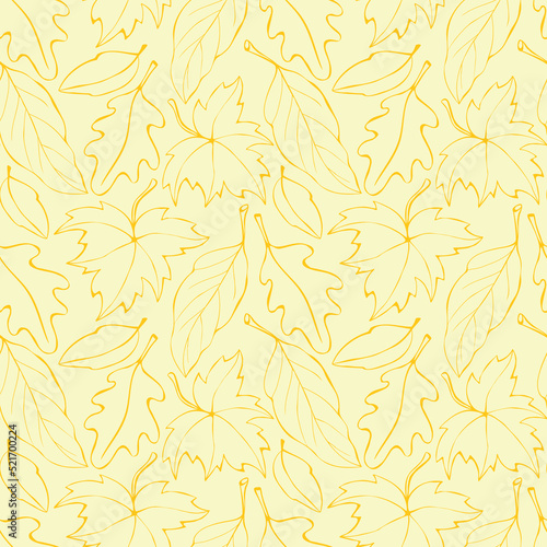 Seamless pattern falling leaves. Vector autumn texture isolated, hand drawn in sketch style, orange outline. Concept of forest, leaf fall, nature