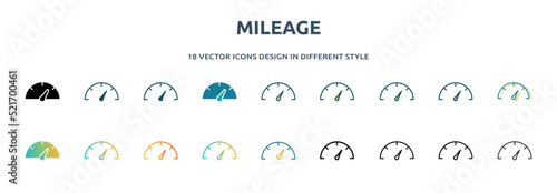 mileage icon in 18 different styles such as thin line, thick line, two color, glyph, colorful, lineal color, detailed, stroke and gradient. set of mileage vector for web, mobile, ui photo