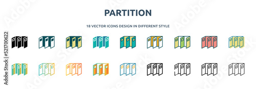 partition icon in 18 different styles such as thin line, thick line, two color, glyph, colorful, lineal color, detailed, stroke and gradient. set of partition vector for web, mobile, ui