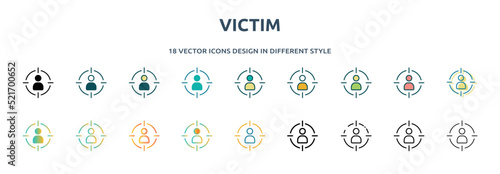victim icon in 18 different styles such as thin line, thick line, two color, glyph, colorful, lineal color, detailed, stroke and gradient. set of victim vector for web, mobile, ui