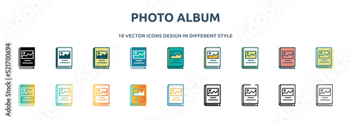 photo album icon in 18 different styles such as thin line, thick line, two color, glyph, colorful, lineal color, detailed, stroke and gradient. set of photo album vector for web, mobile, ui photo