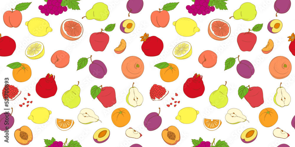 Outline hand drawn seamless colorfull fruit pattern (flat style, thin line).Peach, pear, plum, orange, lemon, grapefruit, grape, pomegranate, apple Outline hand drawn seamless colorfull fruit pattern (flat style, thin line).Peach, pear, plum, orange, lemon, grapefruit, grape, pomegranate, apple