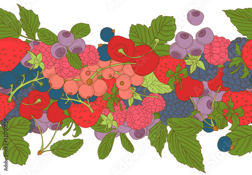 Berries mix seamless border frame of cherry, currant, blueberry,