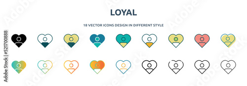 loyal icon in 18 different styles such as thin line, thick line, two color, glyph, colorful, lineal color, detailed, stroke and gradient. set of loyal vector for web, mobile, ui