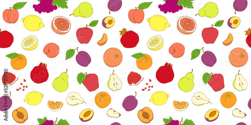 Fototapeta Naklejka Na Ścianę i Meble -  Outline hand drawn seamless colorfull fruit pattern (flat style, thin line).Peach, pear, plum, orange, lemon, grapefruit, grape, pomegranate, apple
