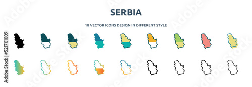 serbia icon in 18 different styles such as thin line, thick line, two color, glyph, colorful, lineal color, detailed, stroke and gradient. set of serbia vector for web, mobile, ui photo