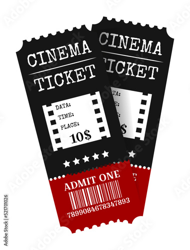 Two cinema vector tickets isolated on white background. Realistic front view illustration.