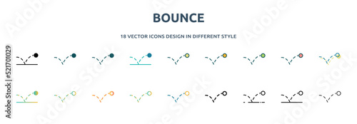Tela bounce icon in 18 different styles such as thin line, thick line, two color, glyph, colorful, lineal color, detailed, stroke and gradient