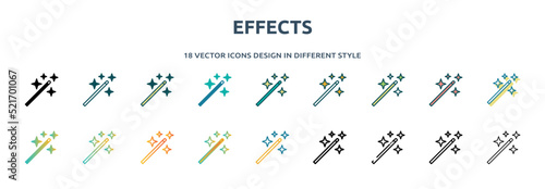 effects icon in 18 different styles such as thin line, thick line, two color, glyph, colorful, lineal color, detailed, stroke and gradient. set of effects vector for web, mobile, ui
