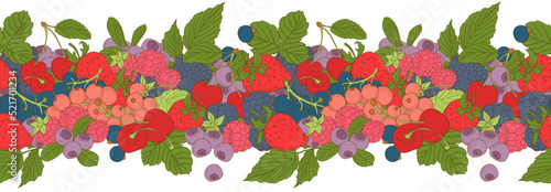 Berries mix seamless border frame of cherry, currant, blueberry,