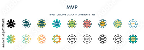 mvp icon in 18 different styles such as thin line, thick line, two color, glyph, colorful, lineal color, detailed, stroke and gradient. set of mvp vector for web, mobile, ui