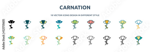carnation icon in 18 different styles such as thin line, thick line, two color, glyph, colorful, lineal color, detailed, stroke and gradient. set of carnation vector for web, mobile, ui