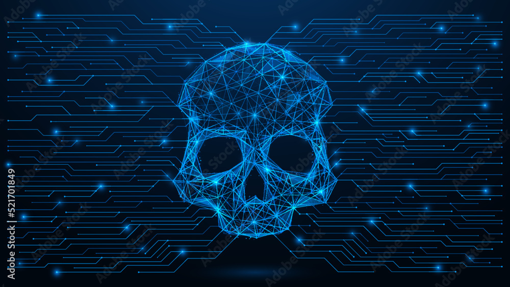 Hacker Line Blue Hacker attack, infection of the system with a computer virus. A skull ...