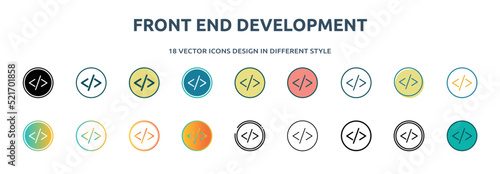 front end development icon in 18 different styles such as thin line, thick line, two color, glyph, colorful, lineal color, detailed, stroke and gradient. set of front end development vector for web,