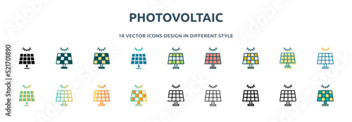 photovoltaic icon in 18 different styles such as thin line, thick line, two color, glyph, colorful, lineal color, detailed, stroke and gradient. set of photovoltaic vector for web, mobile, ui