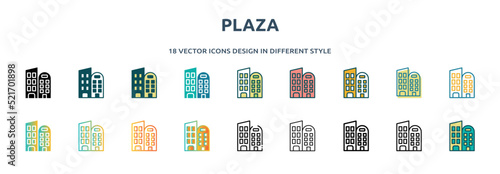 plaza icon in 18 different styles such as thin line, thick line, two color, glyph, colorful, lineal color, detailed, stroke and gradient. set of plaza vector for web, mobile, ui