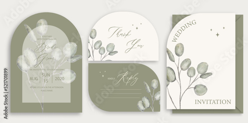 Modern wedding invitation, green wedding invitation template, arch shape with watercolor eucalyptus leaf and handmade calligraphy