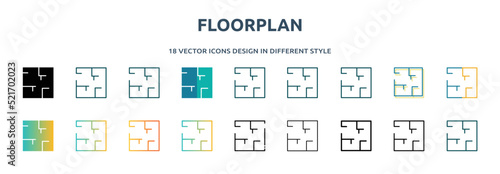floorplan icon in 18 different styles such as thin line, thick line, two color, glyph, colorful, lineal color, detailed, stroke and gradient. set of floorplan vector for web, mobile, ui photo